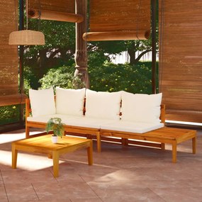 vidaXL 3 pcs conj. lounge de jardim c/ almofadões branco nata acácia