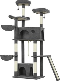 Arranhador para gatos com torre de brincadeiras, arranhador, 3 camas, 2 compartimentos abertos, plataformas e 3 brinquedos suspensos; altura: 174 cm;