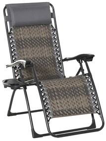 Outsunny Espreguiçadeira dobrável de vime com encosto ajustável Apoio de cabeça removível Suporte para copos e telefone Jardim Terraço 65x70x110 cm Cinza