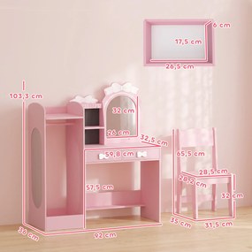 Toucador Infantil com Banco, 92 x 36 x 103,3 cm, Design 3 em 1, Cor-de-rosa