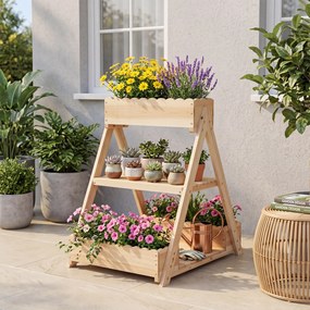 Floreira Elevada 66 x 58 x 60 cm em Madeira de Abeto com 3 Vasos, 2 Estantes e Sistema de Drenagem para Flores, Frutas e Jardim Natural