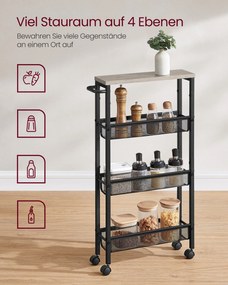 Carrinho cozinha, casa de banho 13 x 45,4 x 77 cm com 4 níveis e pega preto greige-preto