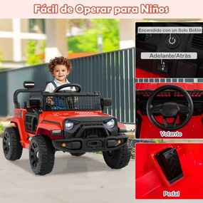 Carro elétrico para crianças 12V com comando à distância, volante, painel musical, buzina, faróis, espelhos rebatíveis, 4 rodas, vermelho
