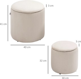 Conjunto de 2 pufes/bancos/apoios para os pés com baú de arrumação em tecido com aspeto de veludo canelado, Ø40 cm e Ø30 cm, creme