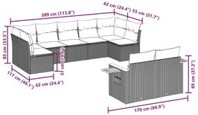 9 pcs conjunto sofás p/ jardim com almofadões vime PE cinzento
