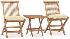 3 pcs conj. jantar dobrável exterior c/ almofadão teca maciça
