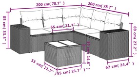 6 pcs conj. sofás jardim com almofadões vime PE cinzento-claro