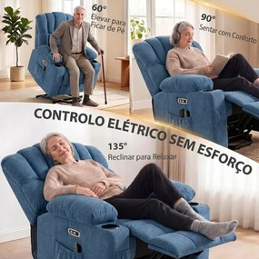 Poltrona Relax Reclinável Elétrico Elevatório com Massagem, Aquecimento, Assento Largo, USB-C/USB-A e Bolsos Azul