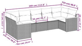 7 pcs conjunto sofás p/ jardim c/ almofadões vime PE cinzento