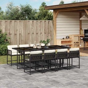 vidaXL 9 pcs conjunto de jantar p/ jardim c/ almofadões vime PE preto