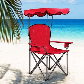 Cadeira de campismo dobrável com toldo para sombra Suporte para copos Cadeira de praia Carga 120 kg para campismo no pátio 53,5 x 53,5 x 130 cm Vermel