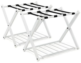 Conjunto 2 estantes de metal para bagagens até 60 kg com 4 correias estáveis e 2 pisos para casa e hotel 68 x 43 x 58 cm Branca