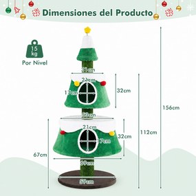 Árvore para Gatos Altura: 156, Design de Natal com Cinco Níveis, Verde