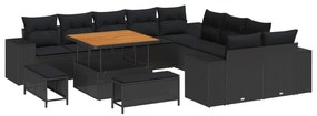vidaXL Conjunto de Sofá de Jardim com almofada 13 pcs Preto vime PE