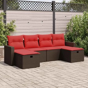 6 pcs conjunto de sofás jardim c/ almofadões vime PE castanho
