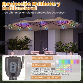 Guarda-sol Duplo Retangular de Exterior com base, 370 x 200 cm, 108 Luzes LED, Castanho