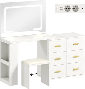 HOMCOM Penteadeira com espelho e banqueta, mesa de maquiagem com iluminação LED regulável, 6 gavetas, 118 x 78 x 135 cm, branco | Aosom Portugal