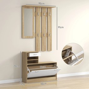Móvel Cabide de Entrada de 3 Peças Armário de Entrada com Cabide Espelho Sapateira e Gaveta 90x10x102 cm Branco e Madeira