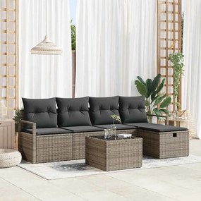 Conjunto de Sofá para Jardim de 6 Peças com Almofadas Cinza Rattan Poliéster