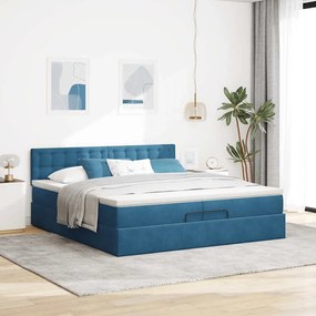 Cama otomana com colchões/LEDs 200x200 cm veludo azul-escuro