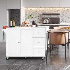 Carrinho de ilha de cozinha com bancada em aço inoxidável Estantes ajustáveis Gavetas 135 x 45,5 x 91,5 cm Branco