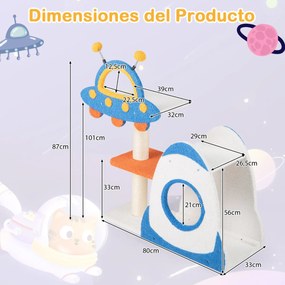 Arranhador para gatos 80 x 33 x 87 cm de 4 níveis em forma de OVNI com de 2 níveis em forma de foguetão Azul+Branco+Amarelo+Laranja