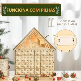 HOMCOM Calendário de Advento de Madeira com Luzes Calendário de Advento com 24 Caixas de Contagem Regressiva Decoração de Natal 26,6x6x30 cm Madeira