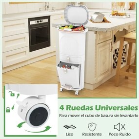 Caixote do lixo 43 x 29 x 82,5 cm para cozinha 42 L com gaveta e 2 cubos removíveis com Pedal e Rodas Branco