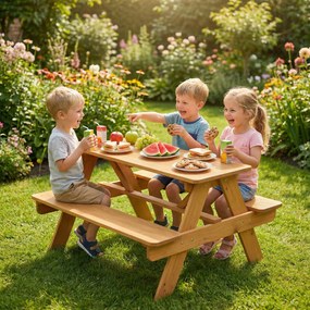 Conjunto de mobiliário de jardim infantil para exterior, mesa de piquenique infantil com bancos, estrutura em madeira maciça, madeira natural