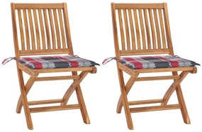 vidaXL Cadeiras jardim c/ almofadões xadrez vermelho 2 pcs teca maciça