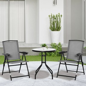 Conjunto de jardim de 3 peças: 2 cadeiras reclináveis com várias posições, dobráveis, mesa redonda em vidro temperado e metal, com revestimento em tex