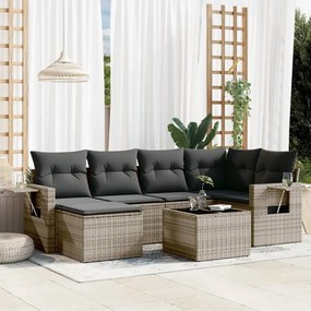 7 pcs conjunto sofás p/ jardim c/ almofadões vime PE cinzento