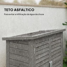 Armário de Armazenamento de Madeira para Jardim com 2 Prateleiras Interiores 2 Portas e Teto Inclinado para Exterior Terraço 87x46,5x96,5cm Cinza