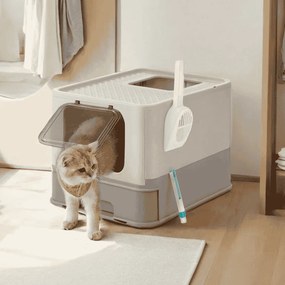 Caixa de areia para gatos com tampa 54,3 x 42,5 x 37,8 cm, tabuleiro extraível cinzento