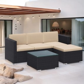 Conjunto de jardim, mobiliário de pátio em Polyrattan, mobiliário de varanda com almofadas e mesa de vidro Preto-Taupe
