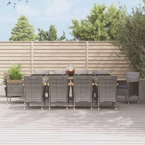 vidaXL 11 pcs conjunto jantar p/ jardim c/ almofadões vime PE cinzento