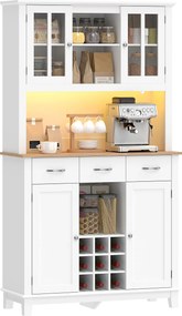 Armário de Cozinha com Iluminação LED Controlo por APP Suporte para Garrafas Portas de Vidro e 3 Gavetas 100x39,5x180 cm Branco