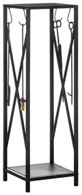 Outsunny Suporte Lenha Estante Exterior Lenheiro Ganchos Pá Escova Atiçador Tenaz Carga 60 kg 34x34x111 cm Preto Resistente | Aosom Portugal