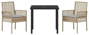 Conjunto de Jantar de Jardim com 3 Peças e Almofadas Bege em Vime Sint