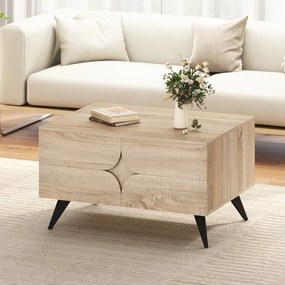 Mesa de centro Moderna 80 x 60 x 46 cm com Armazenamento e com Compartimento Aberts e 3 Gavetas 4 Pernas Natural