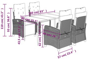 5pcs conj. jantar jardim c/ almofadões vime PE bege misturado