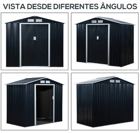 Abrigo de Jardim 213x130x185cm Abrigo de Jardim Metálico de Exterior para Armazenamento de Ferramentas com 2 Portas Deslizantes e 4 Janelas para Terra