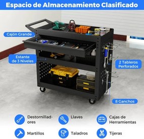 Armário para ferramentas metálico 80 x 35 x 73 cm com rodas, 3 níveis, gaveta e painéis perfurados para oficina, preto