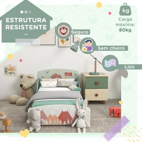Cama para Crianças de Madeira (COLCHÃO NÃO INCLUIDO) com Barreira de Proteção e Estampados Carga Máx. 40 kg 77x143x60 cm Verde