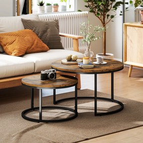Conjunto de 2 mesas baixas encaixáveis e empilháveis, de design industrial, com tampo em imitação de cimento e pés em metal castanho rústico