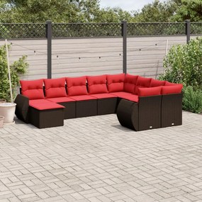 vidaXL 10 pcs conj. sofás jardim com almofadões vime PE castanho