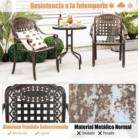 Conjunto jardim de 2 cadeiras empilháveis em alumínio fundido com braços e mesa auxiliar redonda para exterior (jardim, terraço), cor bronze