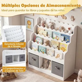 Estante infantil com 4 prateleiras, 3 compartimentos e 2 gavetas 90 x 30 x 91,5 cm, com tecido organizador para brinquedos, a partir dos 3 anos, para