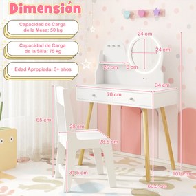 Conjunto de Toucador Infantil com Espelho Iluminado Conjunto de Mesa e Cadeira de Princesa com Espelho e Luzes Ganchos e Gavetas Branco