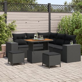 Conjunto de Sofá de Jardim de 8 Peças com Almofadas Preto Rattan Polié